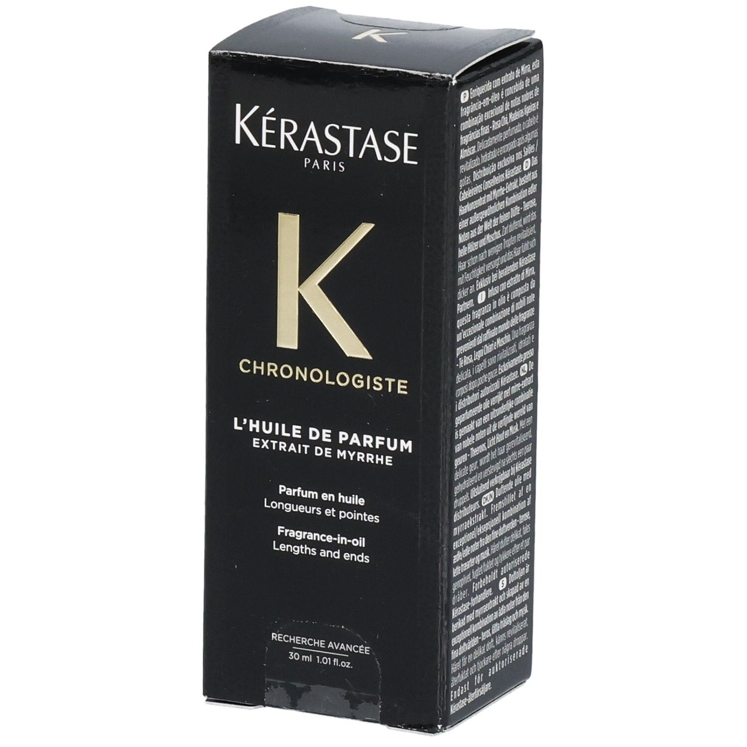 Kérastase Chronologiste L'Huile de Parfum Box. Gold K logo, black packaging.