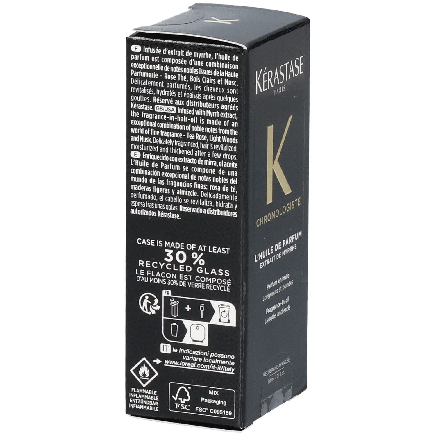 Kérastase Chronologiste L'Huile de Parfum Box. Side panel with text and recycling symbols.