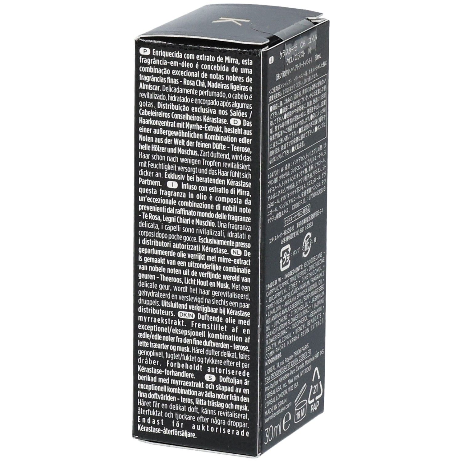 Kérastase Chronologiste L'Huile de Parfum Box. Side panel with product description in multiple languages.