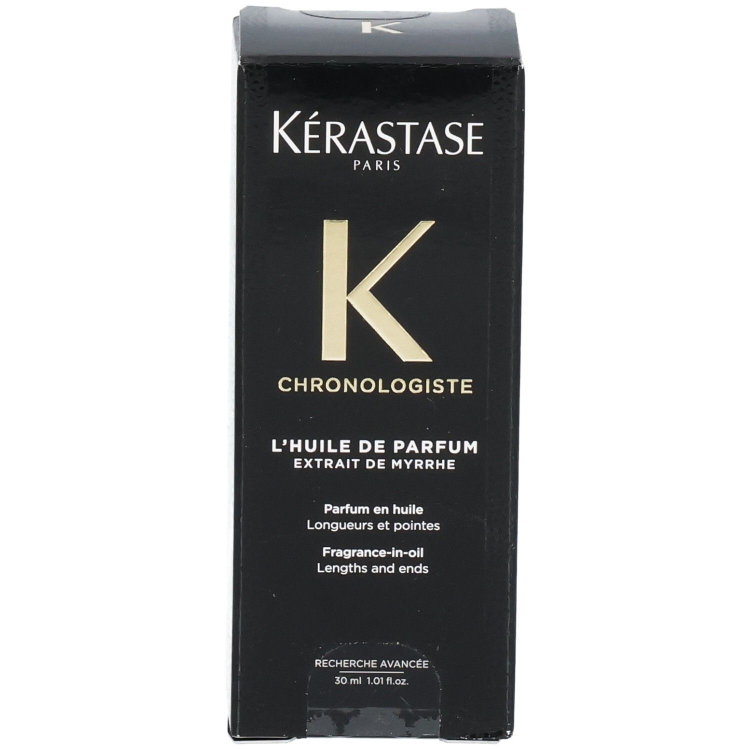Kérastase Chronologiste L'Huile de Parfum Box. Front view with gold K logo and product name.
