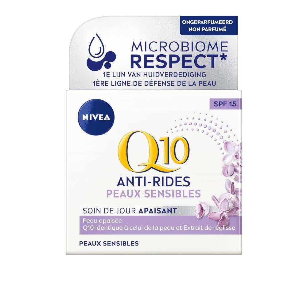 Creme-Verpackung mit Text: Q10 Anti-Falten, SPF 15. Marke NIVEA. Aufschrift: Microbiome Respect.