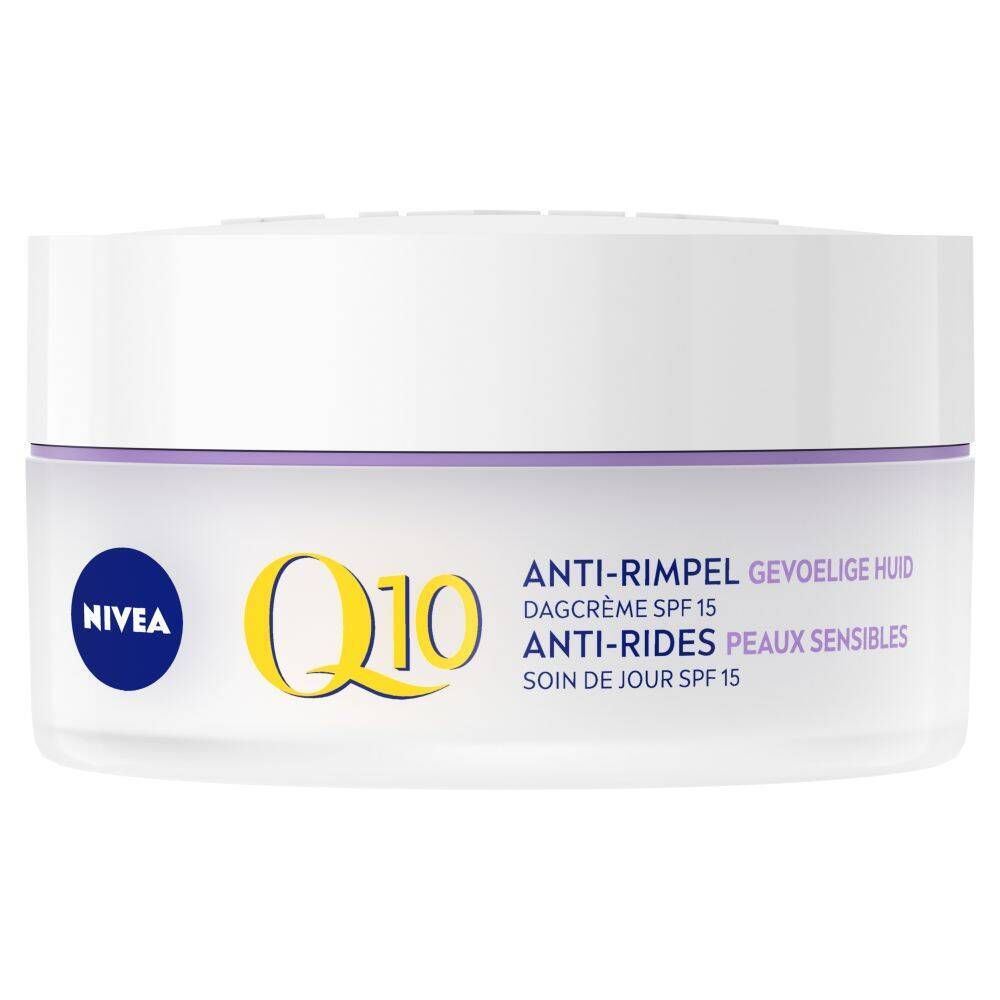 Weißer Tiegel mit lila Rand. Aufschrift: Q10 Anti-Falten, SPF 15. Marke NIVEA.