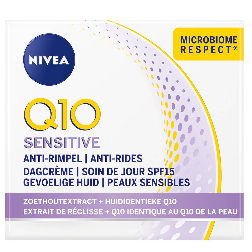 Creme-Verpackung mit Text: Q10 Sensitive, Anti-Falten, SPF 15. Marke NIVEA.