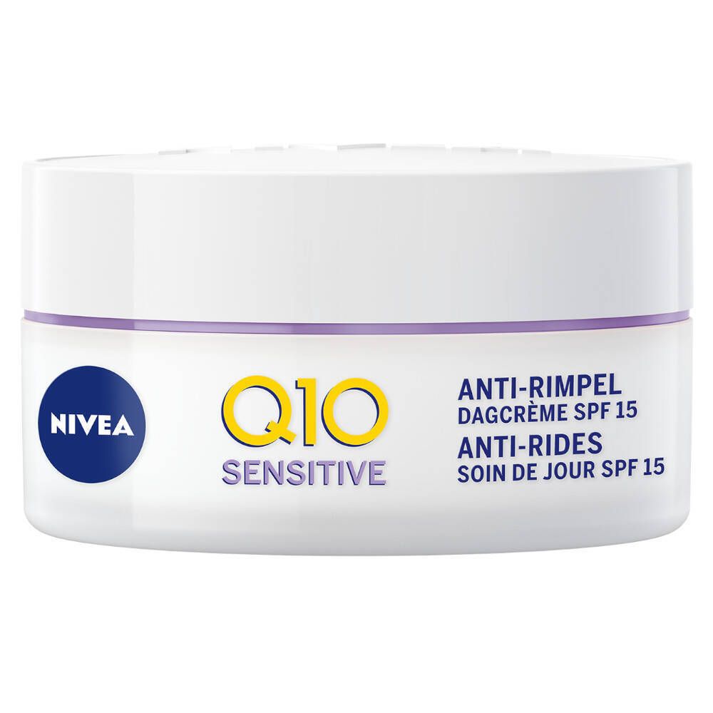 Weißer Tiegel mit lila Rand. Aufschrift: Q10 Sensitive, Anti-Falten, SPF 15. Marke NIVEA.