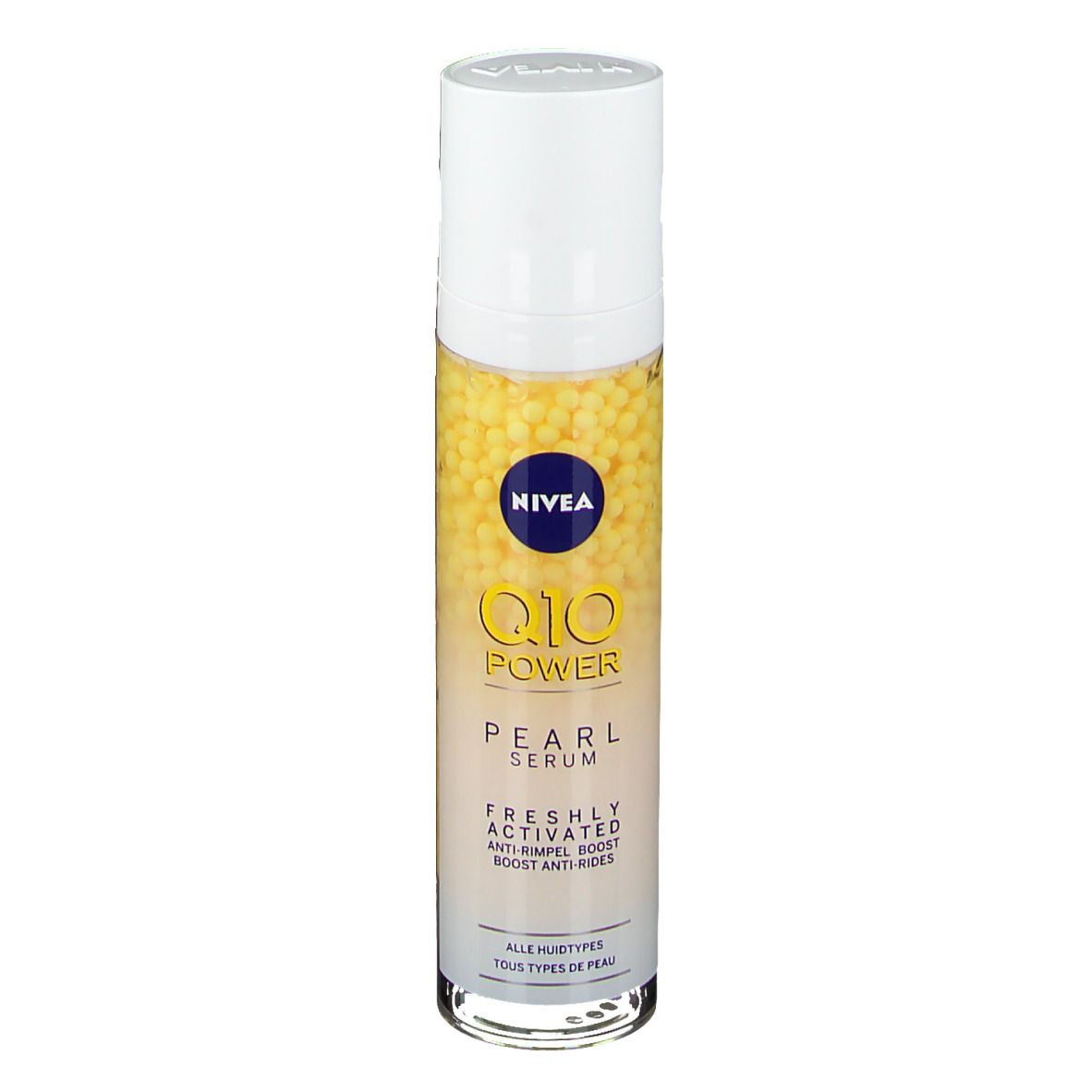 Flacon de sérum avec perles jaunes. Bouchon blanc, texte bleu et doré. Inscription : Q10 Power Pearl Serum.