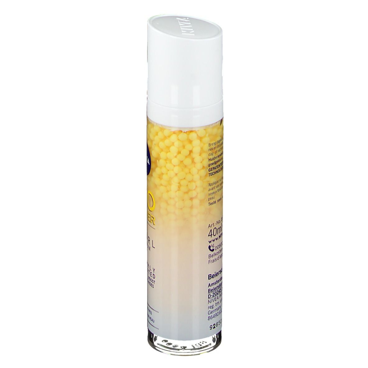 Flacon de sérum avec perles jaunes. Bouchon blanc, étiquette avec texte. Inscription : Q10 Power Pearl Serum.