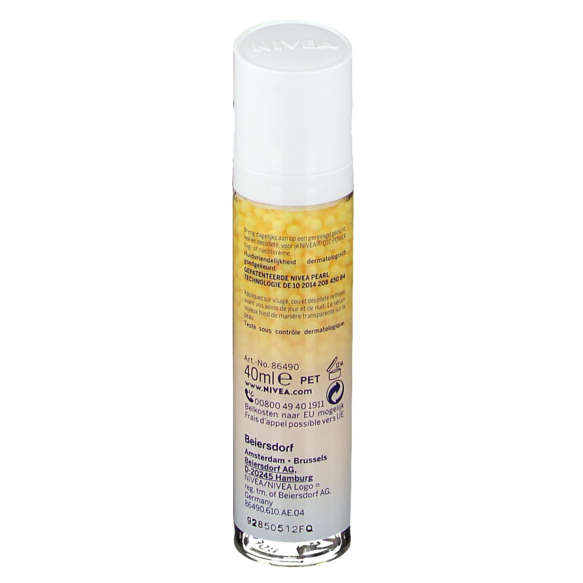 Flacon de sérum avec perles jaunes. Bouchon blanc, étiquette avec texte. Inscription : Q10 Power Pearl Serum, 40ml.