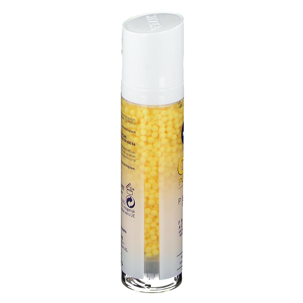 Flacon de sérum avec perles jaunes. Bouchon blanc, étiquette avec texte. Inscription : Q10 Power Pearl Serum.