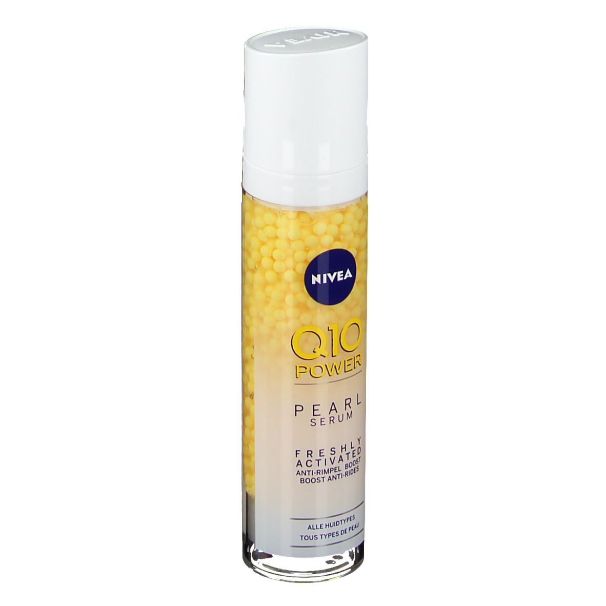 Flacon de sérum avec perles jaunes. Bouchon blanc, texte bleu et doré. Inscription : Q10 Power Pearl Serum.