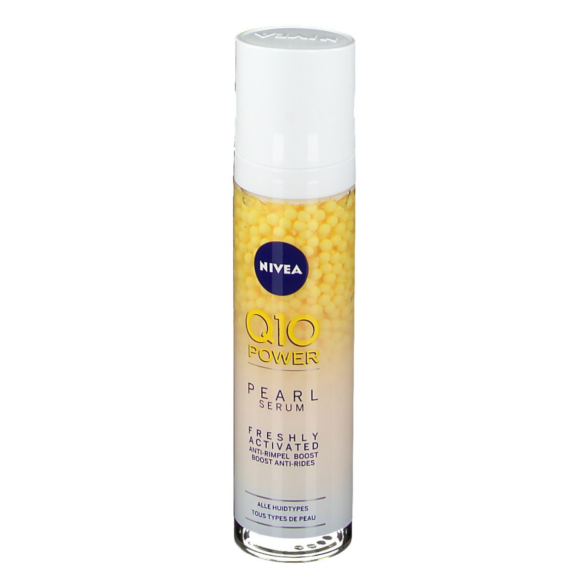 Flacon de sérum avec perles jaunes. Bouchon blanc, texte bleu et doré. Inscription : Q10 Power Pearl Serum.