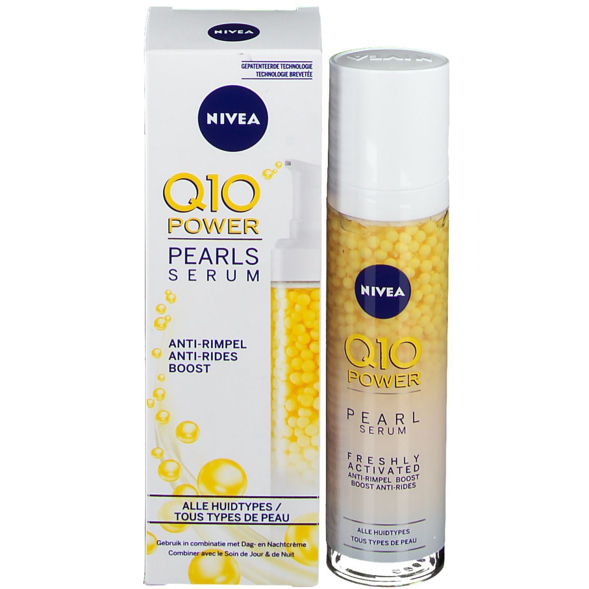 Emballage du produit avec flacon de sérum. Flacon avec perles jaunes, bouchon blanc. Inscription : Q10 Power Pearl Serum.