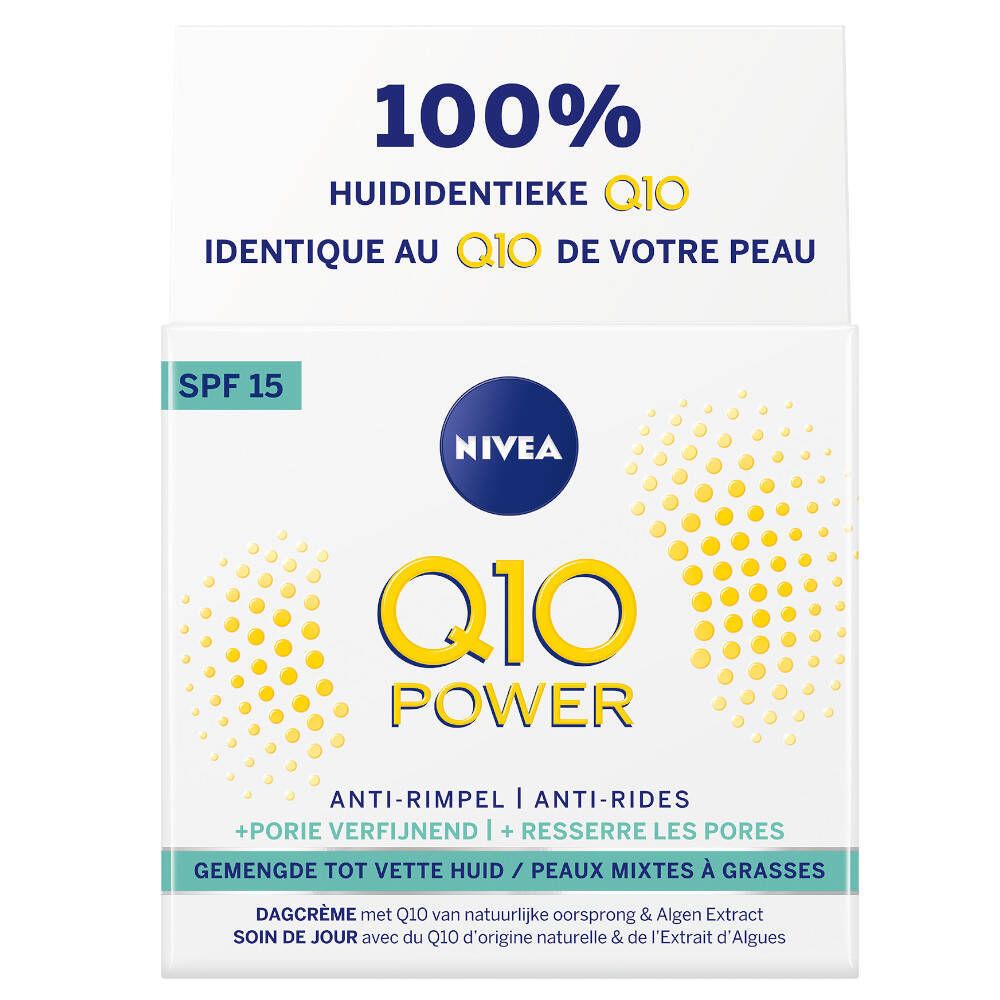 Creme-Dose und Verpackung. NIVEA Q10 Power, Anti-Falten Tagespflege SPF15. Weiße Dose, gelber Schriftzug, blaue Marke.
