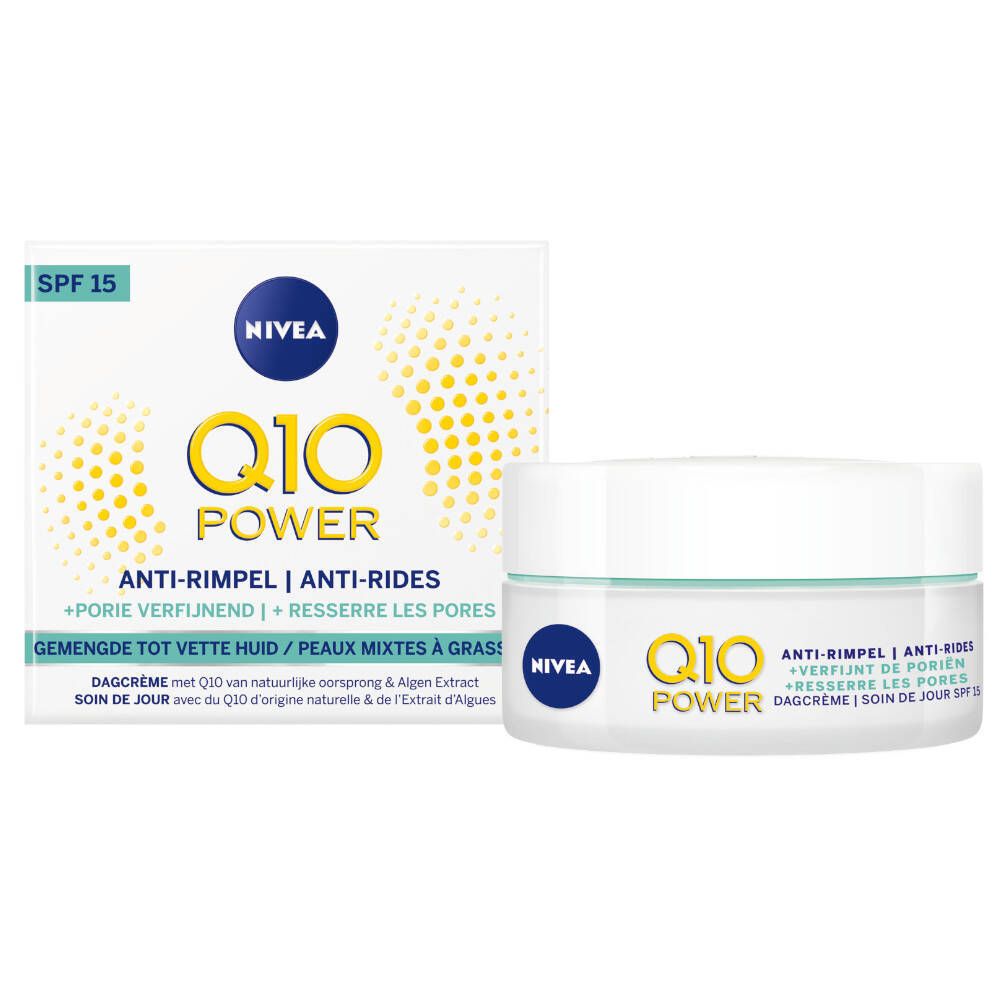 NIVEA Q10 Power Anti-Falten Tagespflege SPF15. Weiße Creme-Dose und Verpackung. Gelber Schriftzug, blaue Marke.