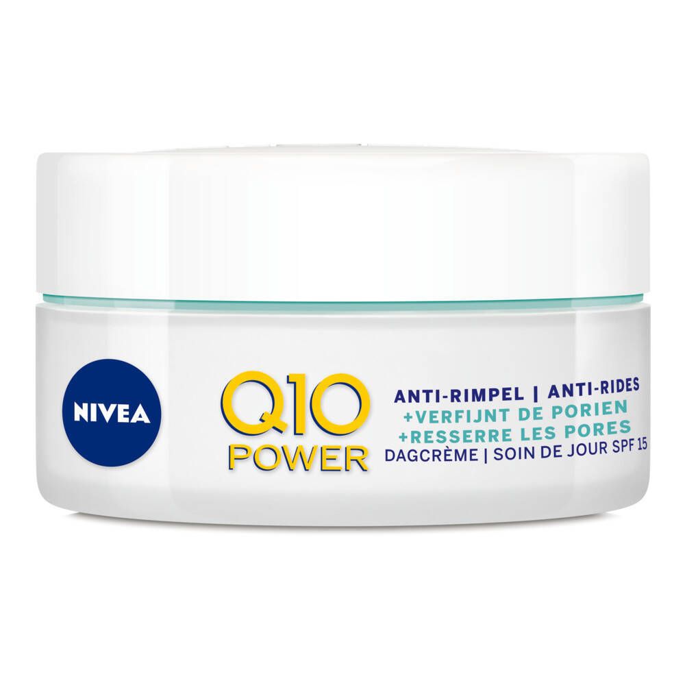 Weiße Creme-Dose. NIVEA Q10 Power Anti-Falten Tagespflege SPF15. Gelber Schriftzug, blaue Marke.