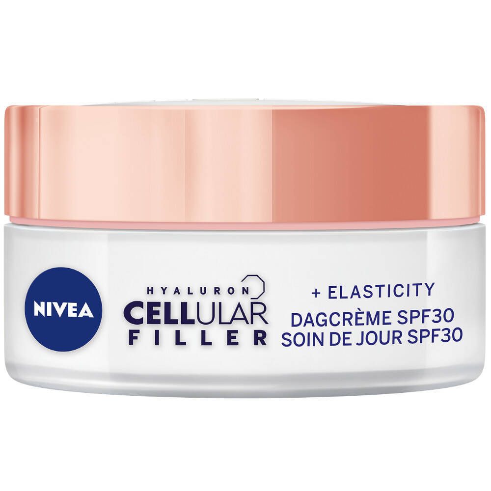 Creme-Tiegel mit rosafarbenem Deckel. Beschriftung: NIVEA, CELLULAR FILLER, + ELASTIZITÄT, SPF 30. Weißes Gefäß mit rosa Deckel.
