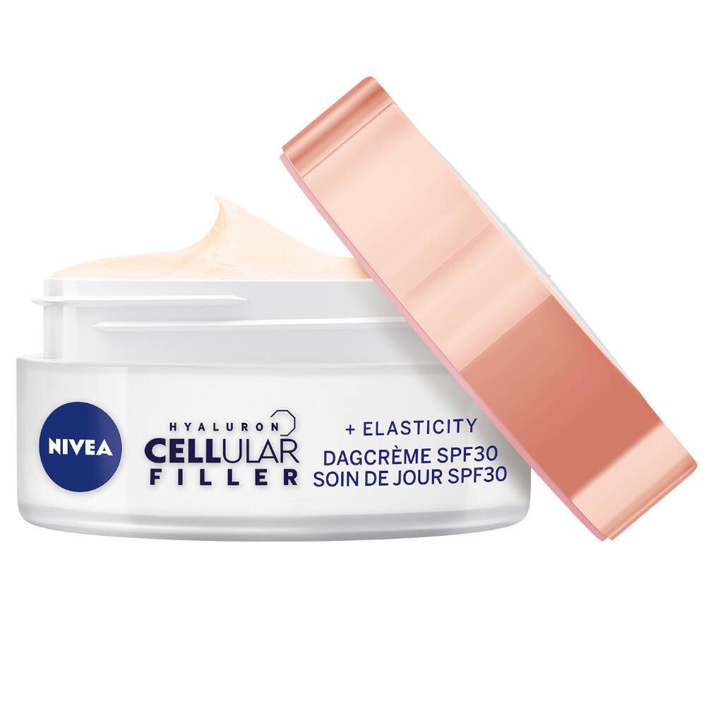 Creme-Tiegel mit geöffnetem Deckel. Beschriftung: NIVEA, CELLULAR FILLER, + ELASTIZITÄT, SPF 30. Creme sichtbar.