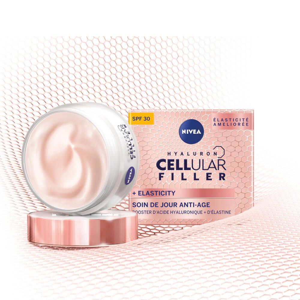 Creme-Tiegel und Verpackung. Beschriftung: NIVEA, CELLULAR FILLER, SPF 30. Rosa Verpackung mit Produktnamen.