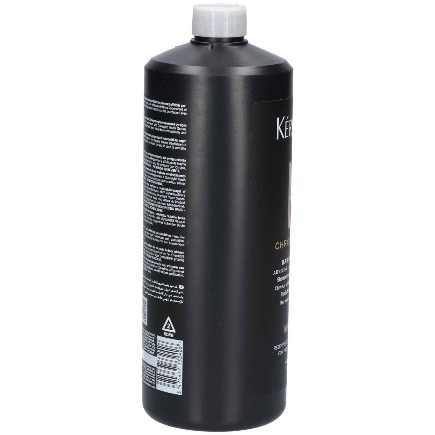 Rückseite der schwarzen Kérastase Chronologiste Bain Régénérant Shampoo-Flasche mit Text.