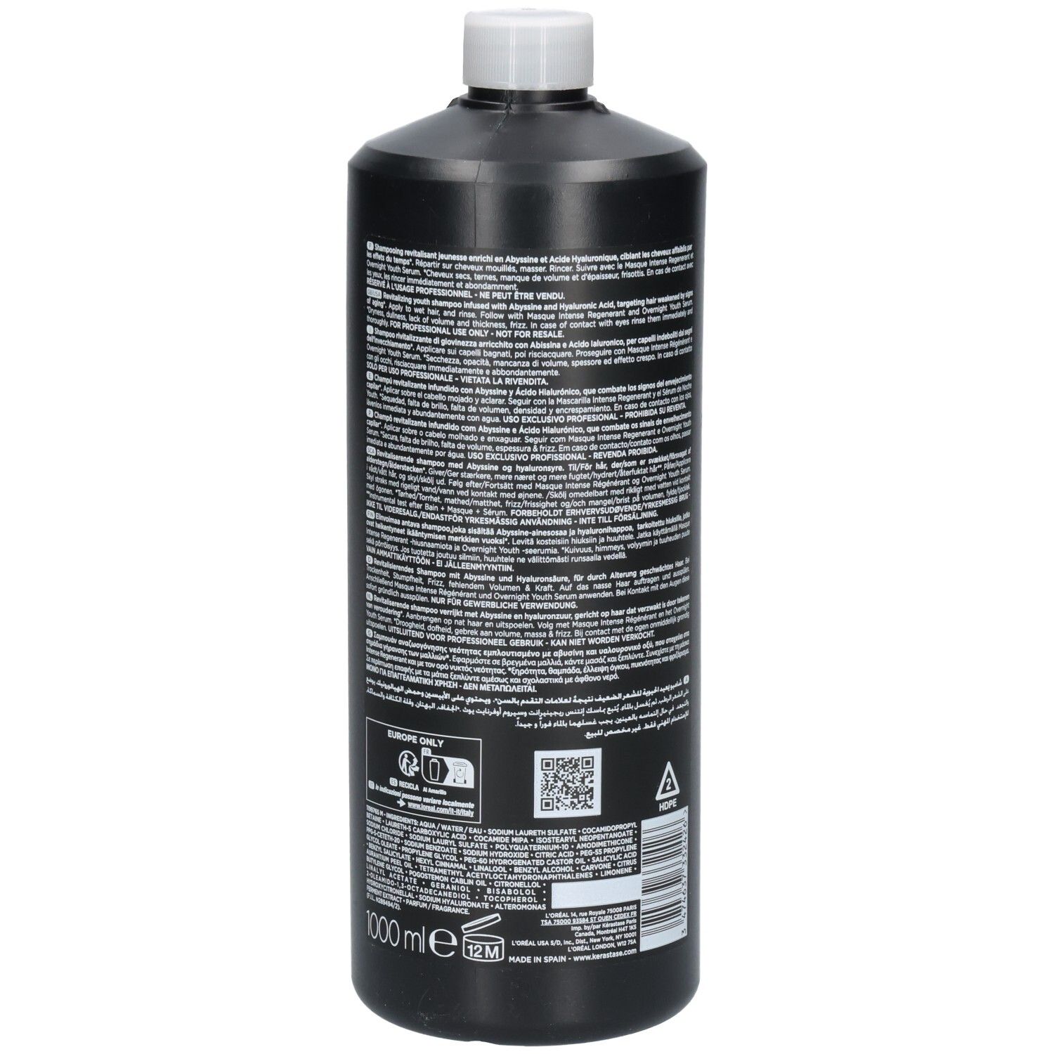 Rückseite der schwarzen Kérastase Chronologiste Bain Régénérant Shampoo-Flasche mit Text und Barcode.