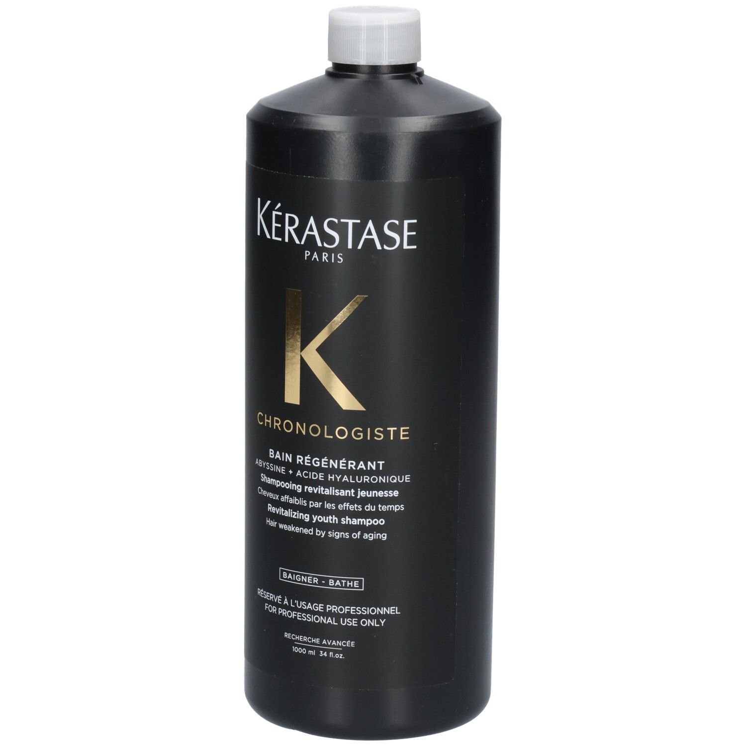 Schwarze Kérastase Chronologiste Bain Régénérant Shampoo-Flasche, Vorderansicht.