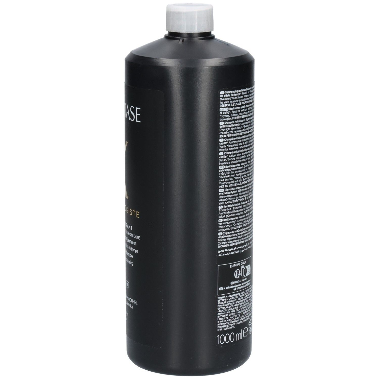 Seitenansicht der schwarzen Kérastase Chronologiste Bain Régénérant Shampoo-Flasche.
