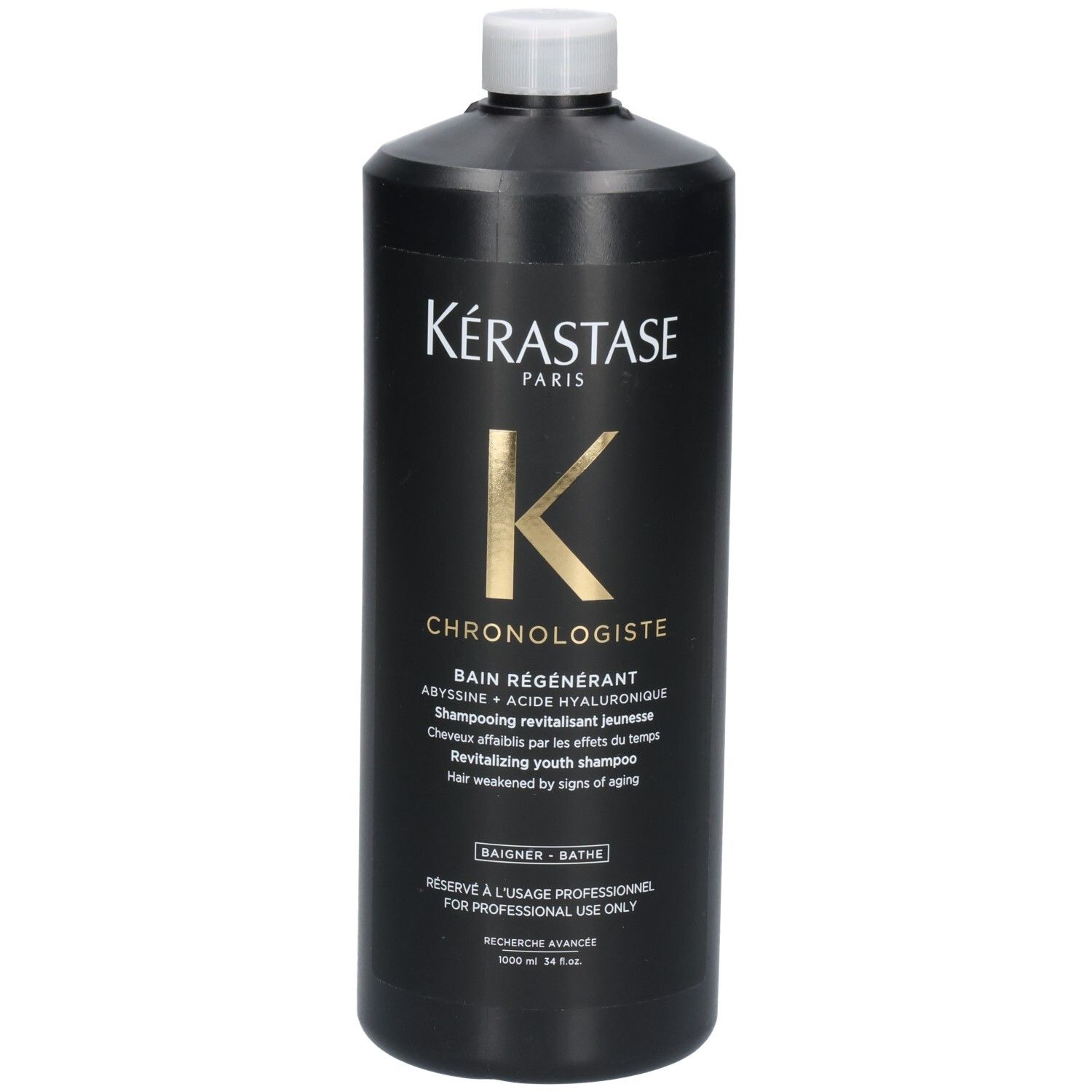 Vorderansicht der schwarzen Kérastase Chronologiste Bain Régénérant Shampoo-Flasche.