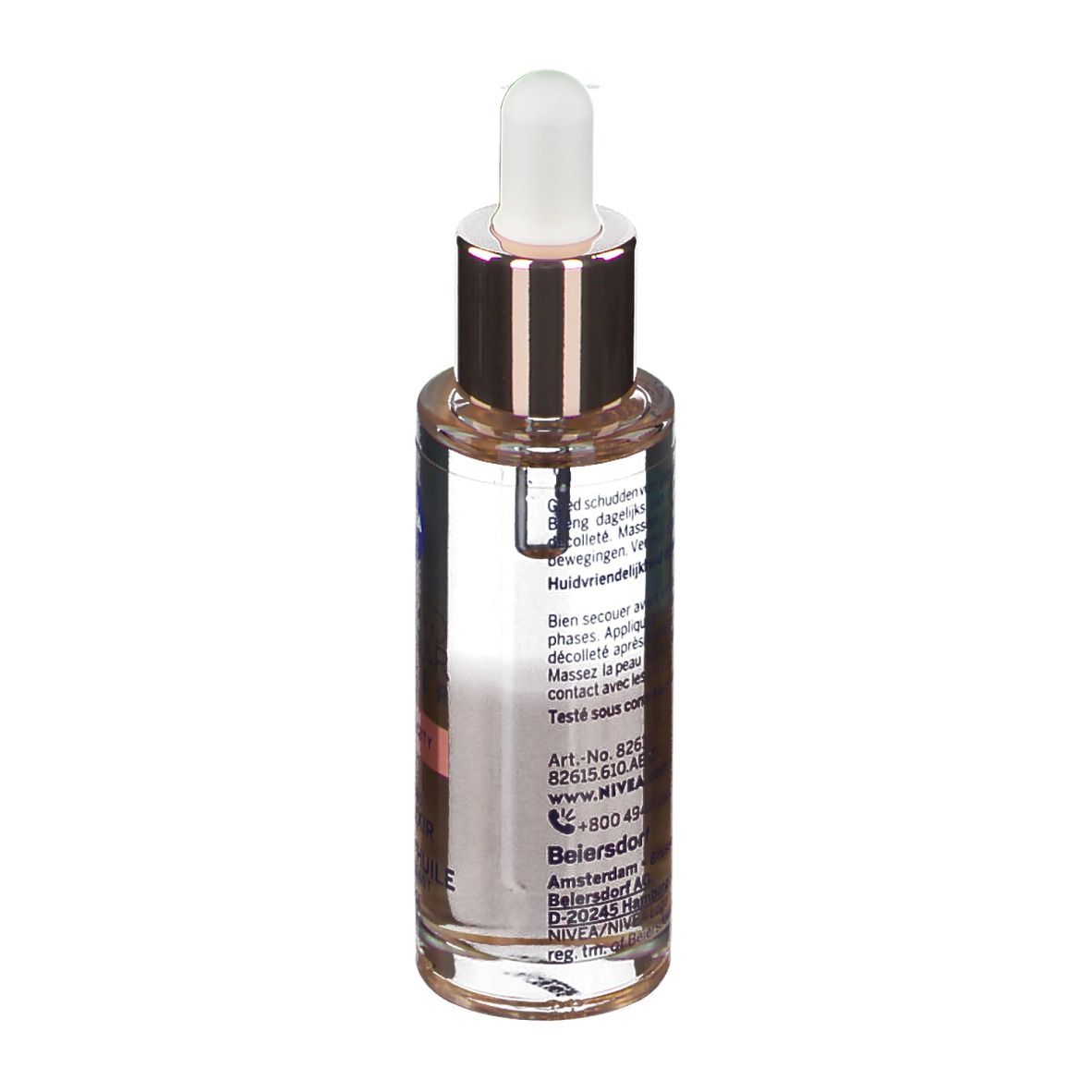 NIVEA Hyaluron Cellular Filler huile. Dos du flacon avec texte. Informations produit.
