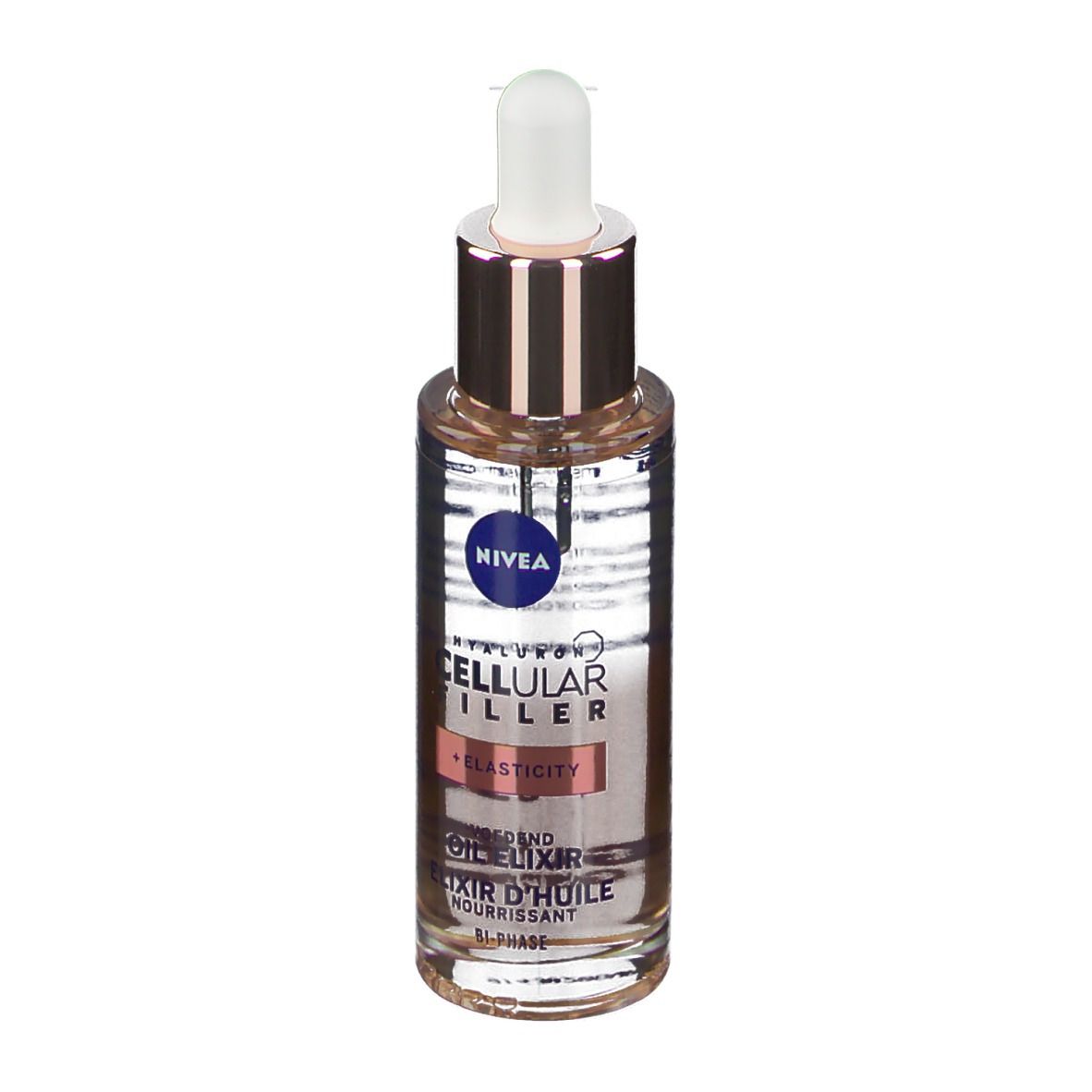 NIVEA Hyaluron Cellular Filler huile. Flacon avec texte. Informations produit.