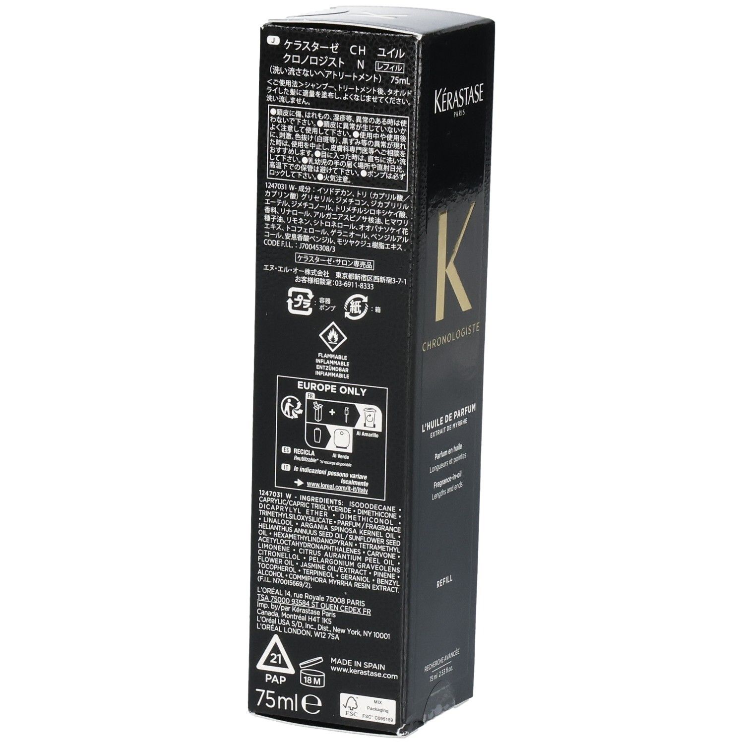 Rückseite der Kérastase Chronologiste L'Huile de Parfum Nachfüllpackung mit Inhaltsstoffen und Anwendungshinweisen.