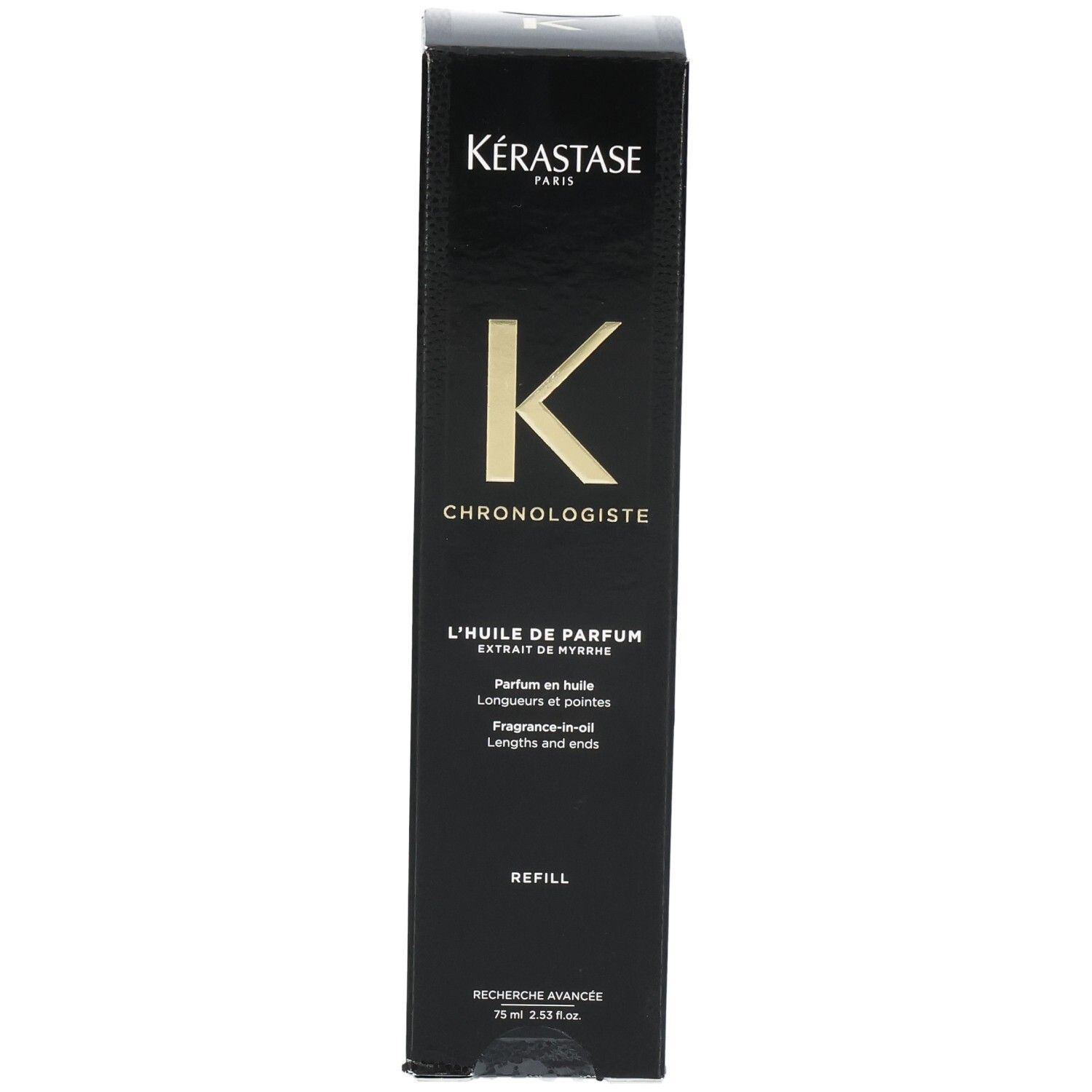 Vorderseite der Kérastase Chronologiste L'Huile de Parfum Nachfüllpackung mit Logo und Produktbezeichnung.