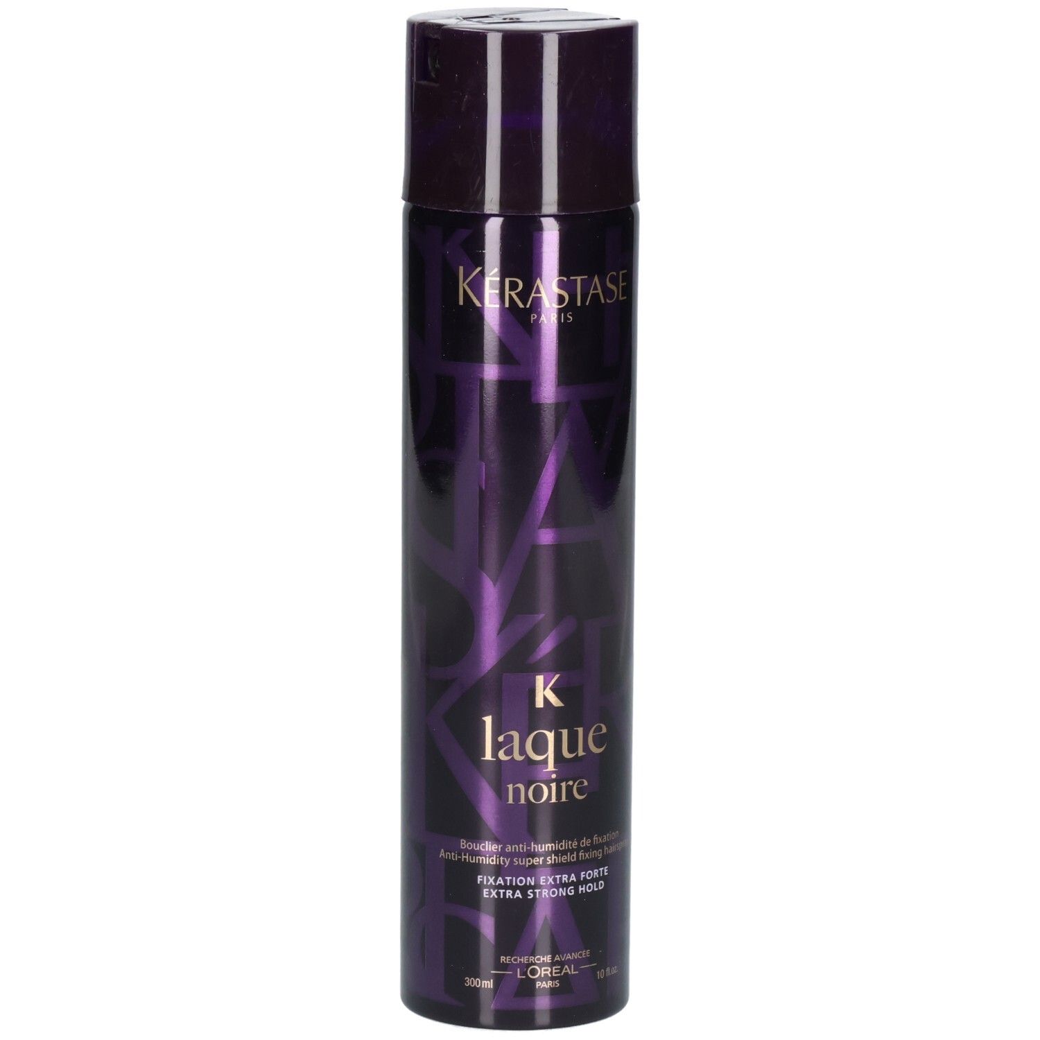 Kérastase Laque Noire Haarspray in dunkler Flasche mit lila Muster. Extra starker Halt.