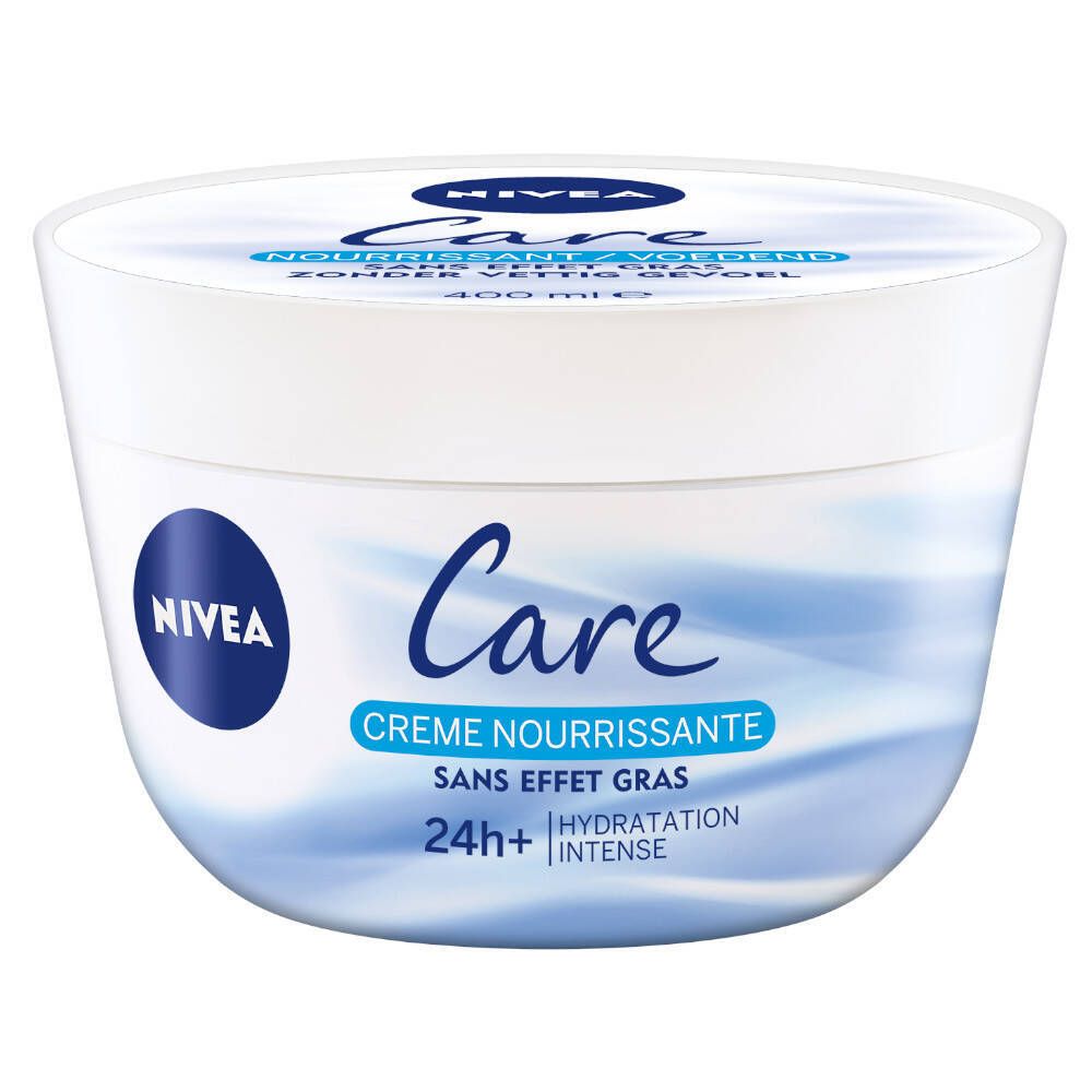 Pot blanc avec couvercle bleu. Inscription: NIVEA Care, Crème nourrissante, 24h+ Hydratation intense. Sans effet gras.
