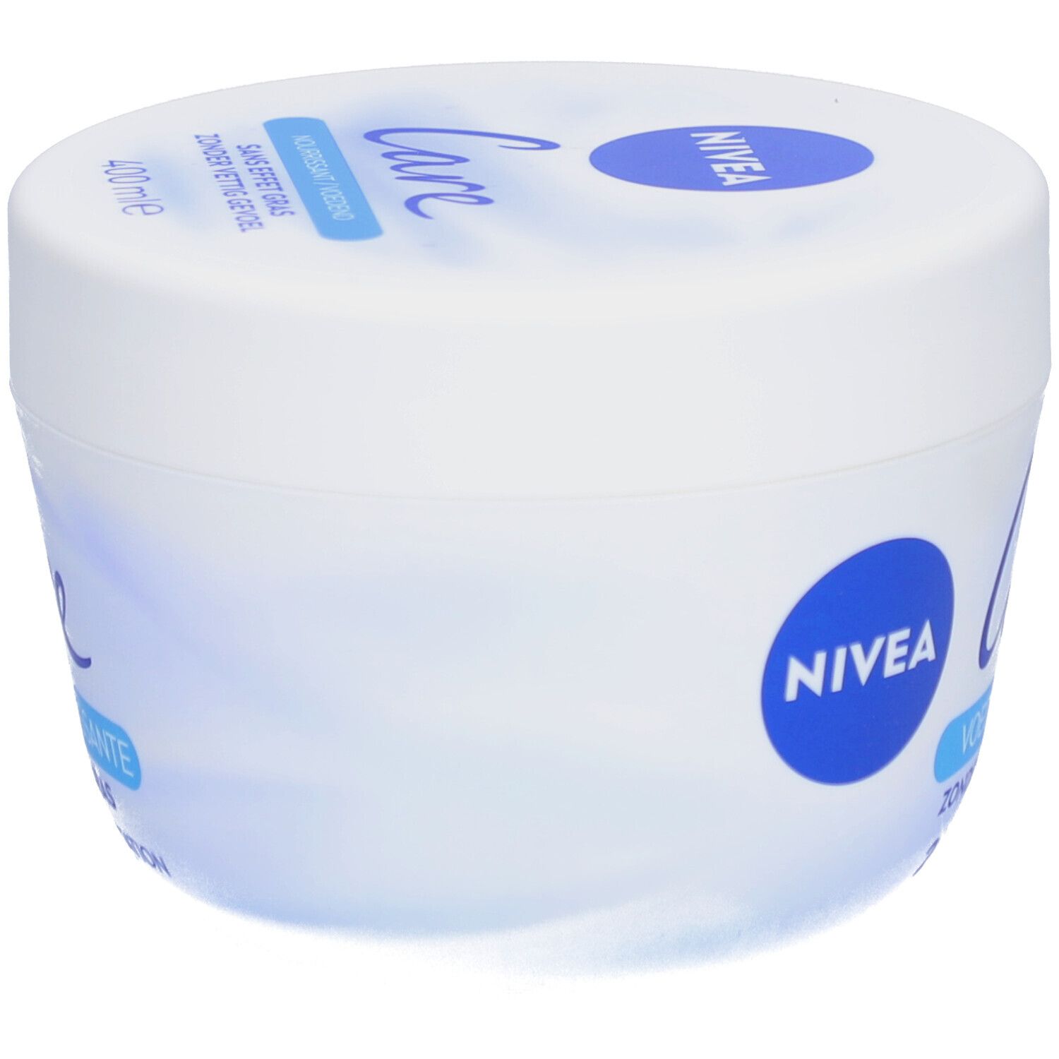 Pot blanc avec couvercle bleu. Inscription: NIVEA Care, 400 ml. Nom du produit et autres informations.