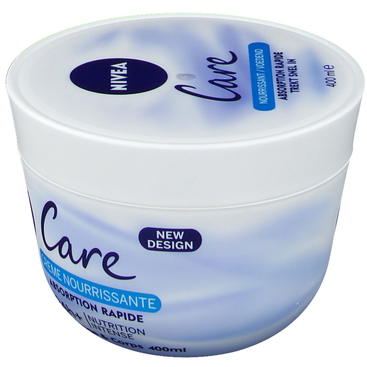 Pot blanc avec couvercle bleu. Inscription: NIVEA Care, Crème Nourrissante, absorption rapide, nutrition intense. 400 ml. Nouveau design.