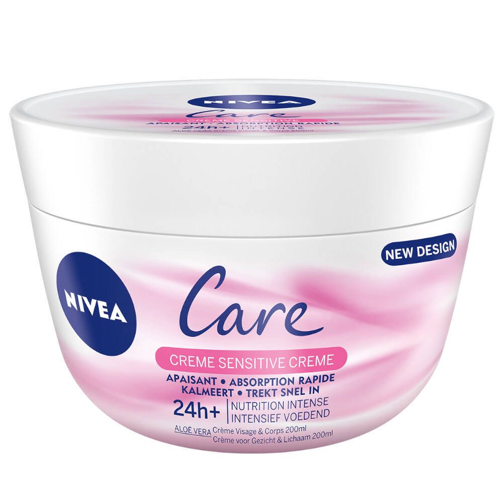 Pot blanc avec accents roses. Inscription : NIVEA Care, Crème Sensitive, 24h+. Sur le couvercle : NIVEA et Care.