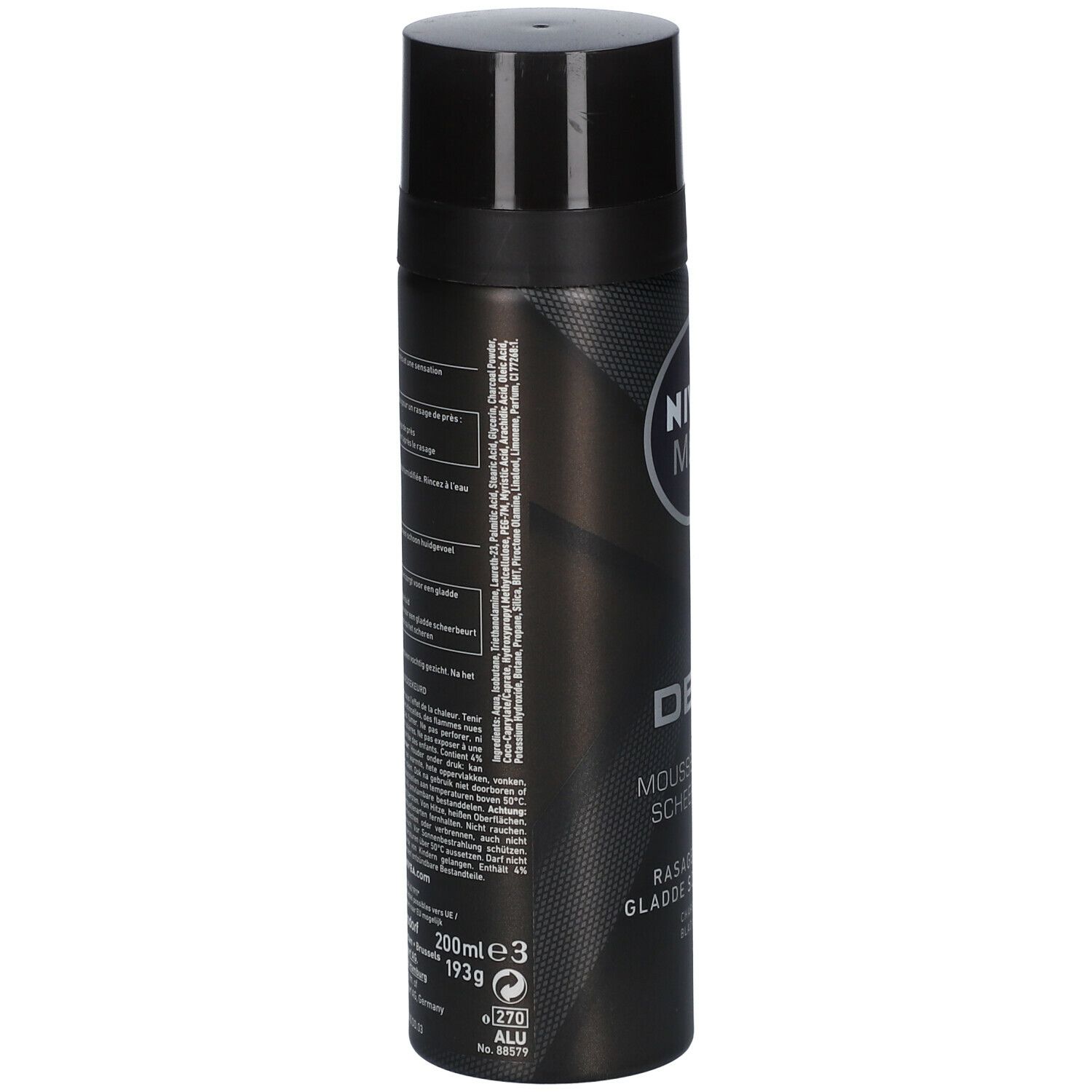 Dos du flacon NIVEA MEN DEEP. Texte en plusieurs langues, 200ml, 193g.