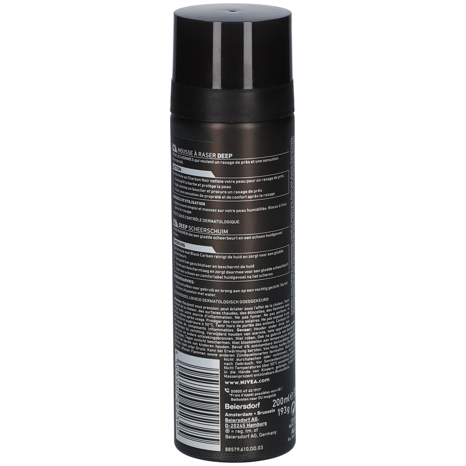 Dos du flacon NIVEA MEN DEEP. Texte en plusieurs langues, informations fabricant.