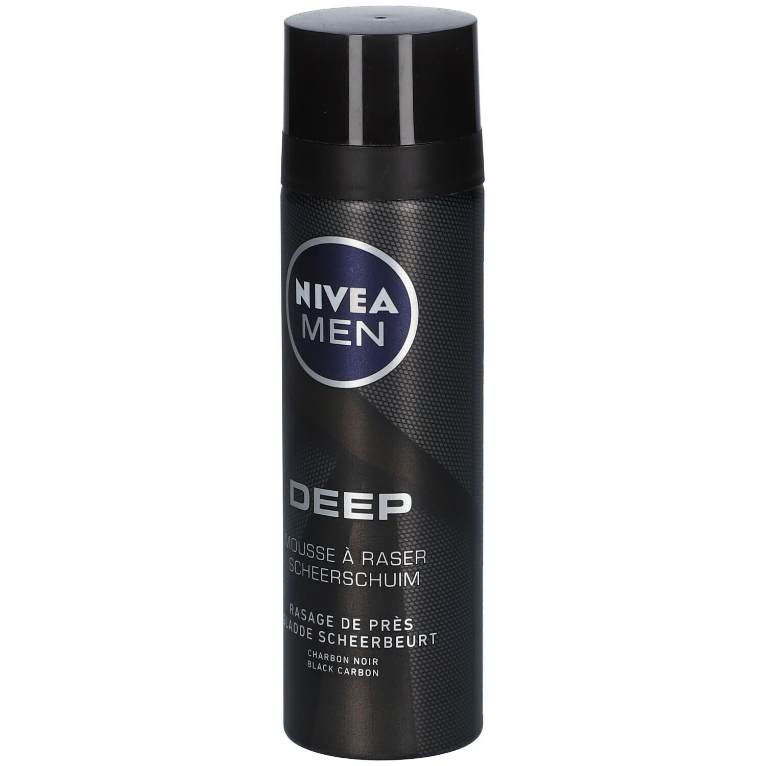 Flacon noir NIVEA MEN DEEP. Mousse à raser, Rasage de près, Glatte Scheerbeurt, Black Carbon.