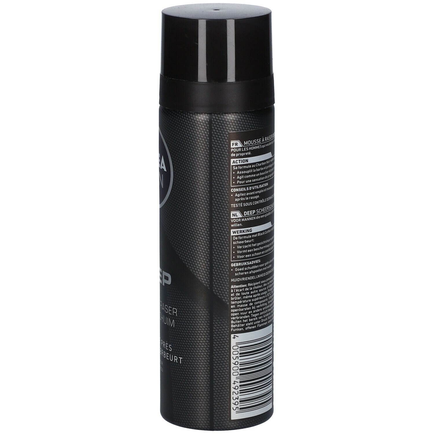 Flacon noir NIVEA MEN DEEP. Texte multilingue, code-barres.