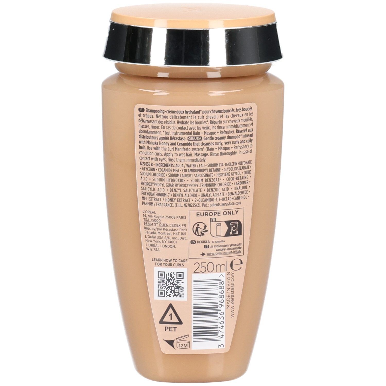 Rückseite der Kérastase Curl Manifesto Shampoo-Flasche mit Produktinformationen und 250ml Angabe.