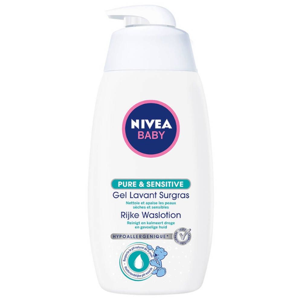 Flacon blanc avec pompe. Inscription : NIVEA BABY, Pure & Sensitive, Gel Lavant Surgras. Hypoallergénique.