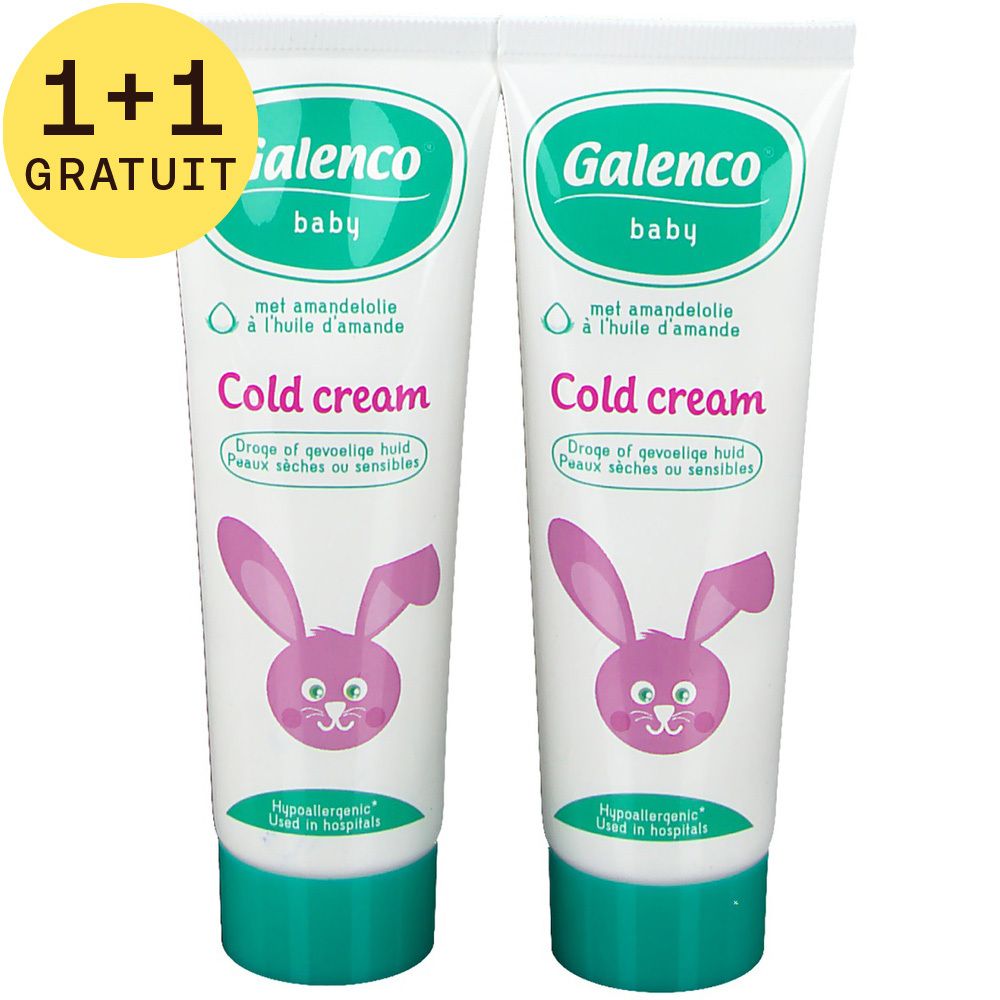Deux tubes de crème avec bouchon vert. Inscription: Galenco Baby Cold cream. Motif lapin rose. 1+1 GRATUIT.