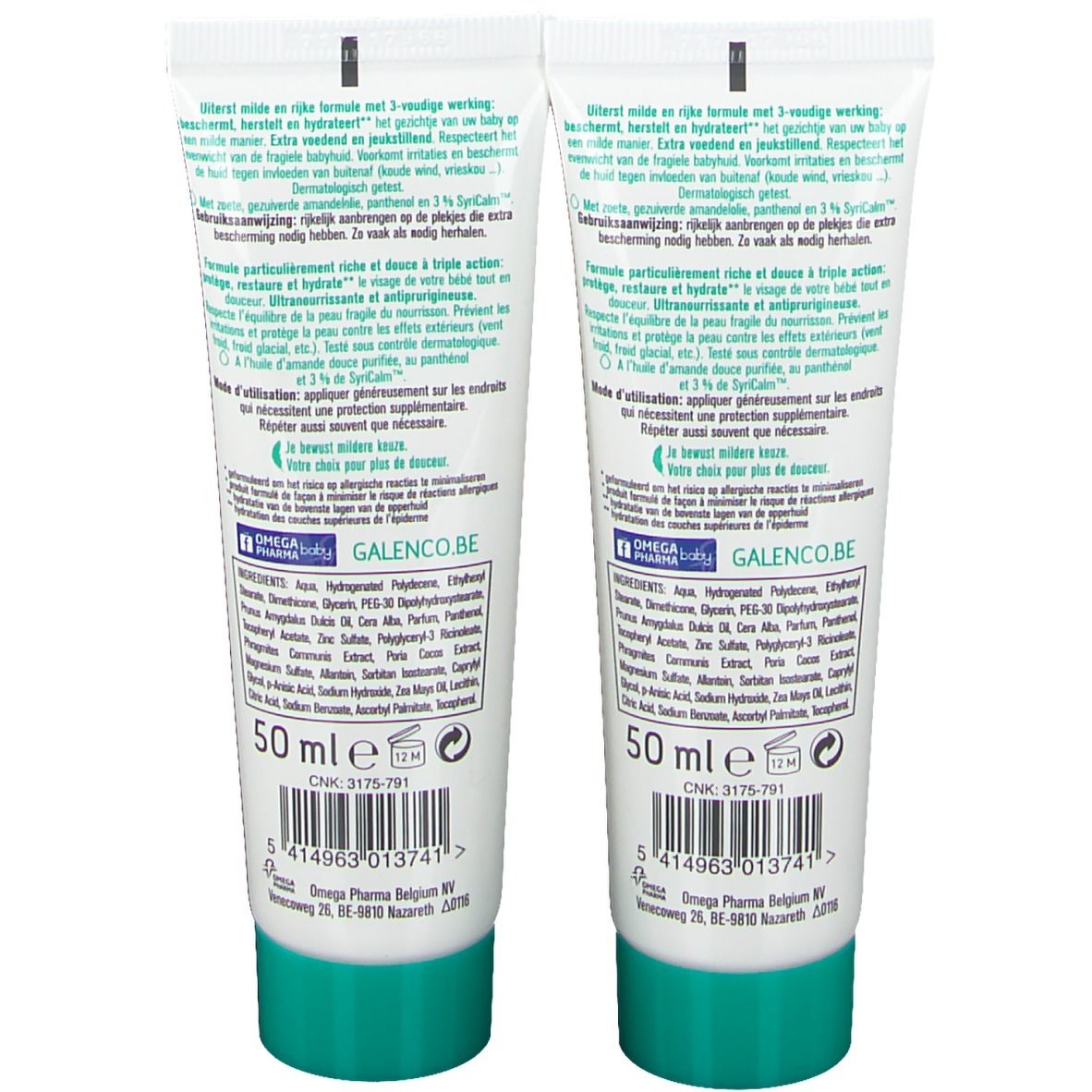 Deux tubes de crème avec bouchons verts. Dos avec texte. Ingrédients, instructions d'utilisation. 50 ml. CNK 3175-791.