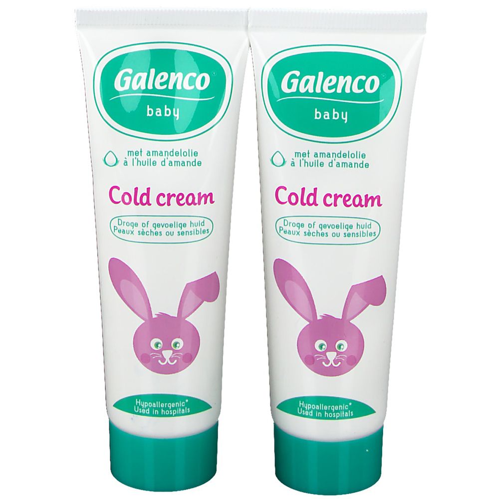 Deux tubes de crème avec bouchon vert. Inscription: Galenco Baby Cold cream. Motif lapin rose. 1+1 GRATUIT.