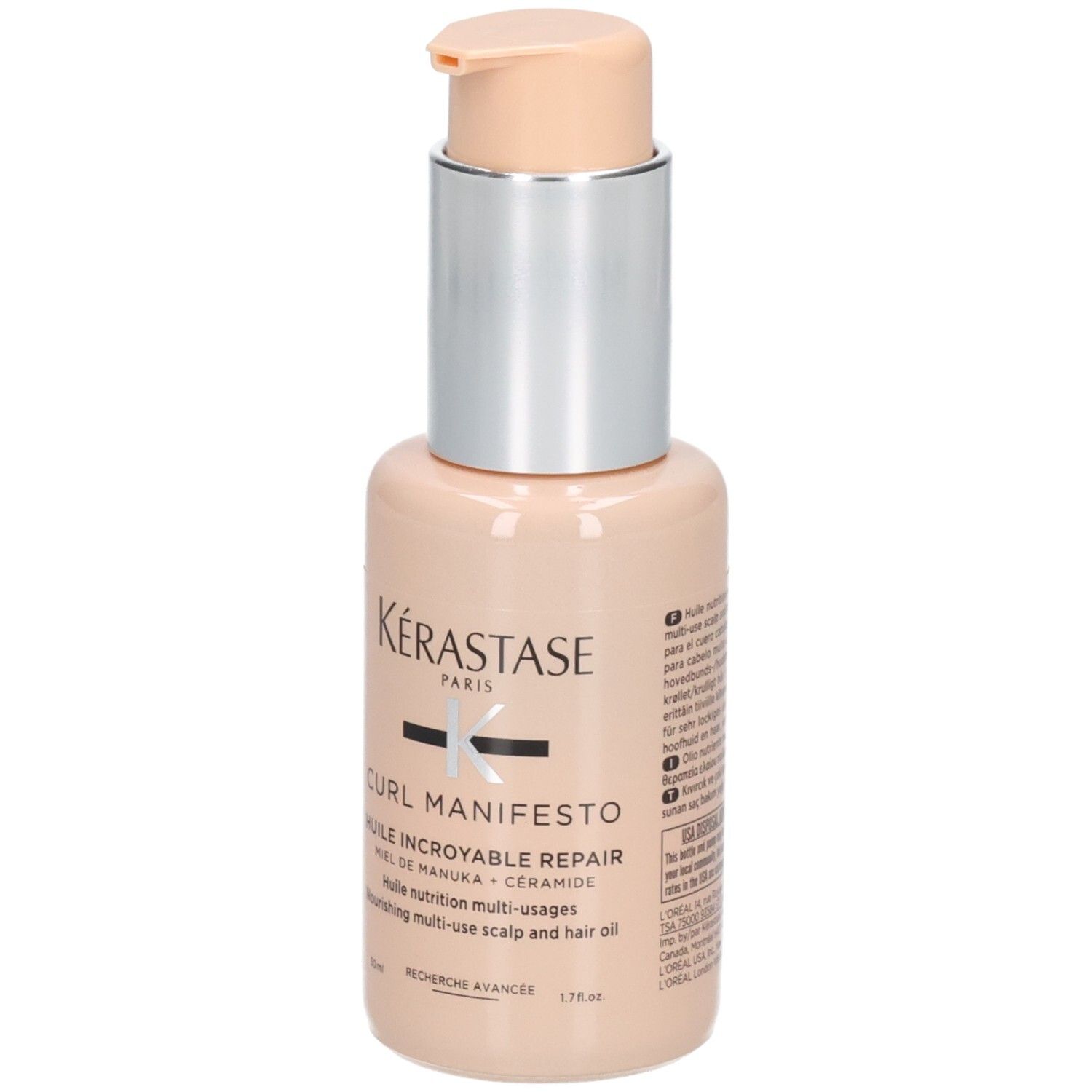 Kérastase Curl Manifesto Huile Sublime Repair Haaröl, Flasche mit silbernem Pumpaufsatz.