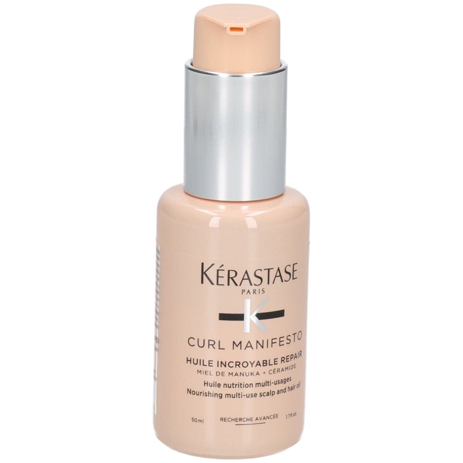 Kérastase Curl Manifesto Huile Sublime Repair Haaröl, Flasche mit silbernem Pumpaufsatz.