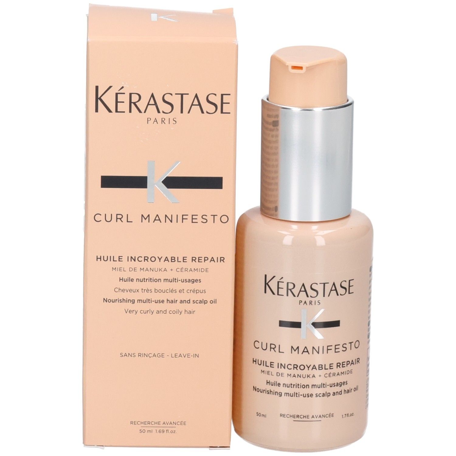 Kérastase Curl Manifesto Huile Sublime Repair Haaröl und Umverpackung.