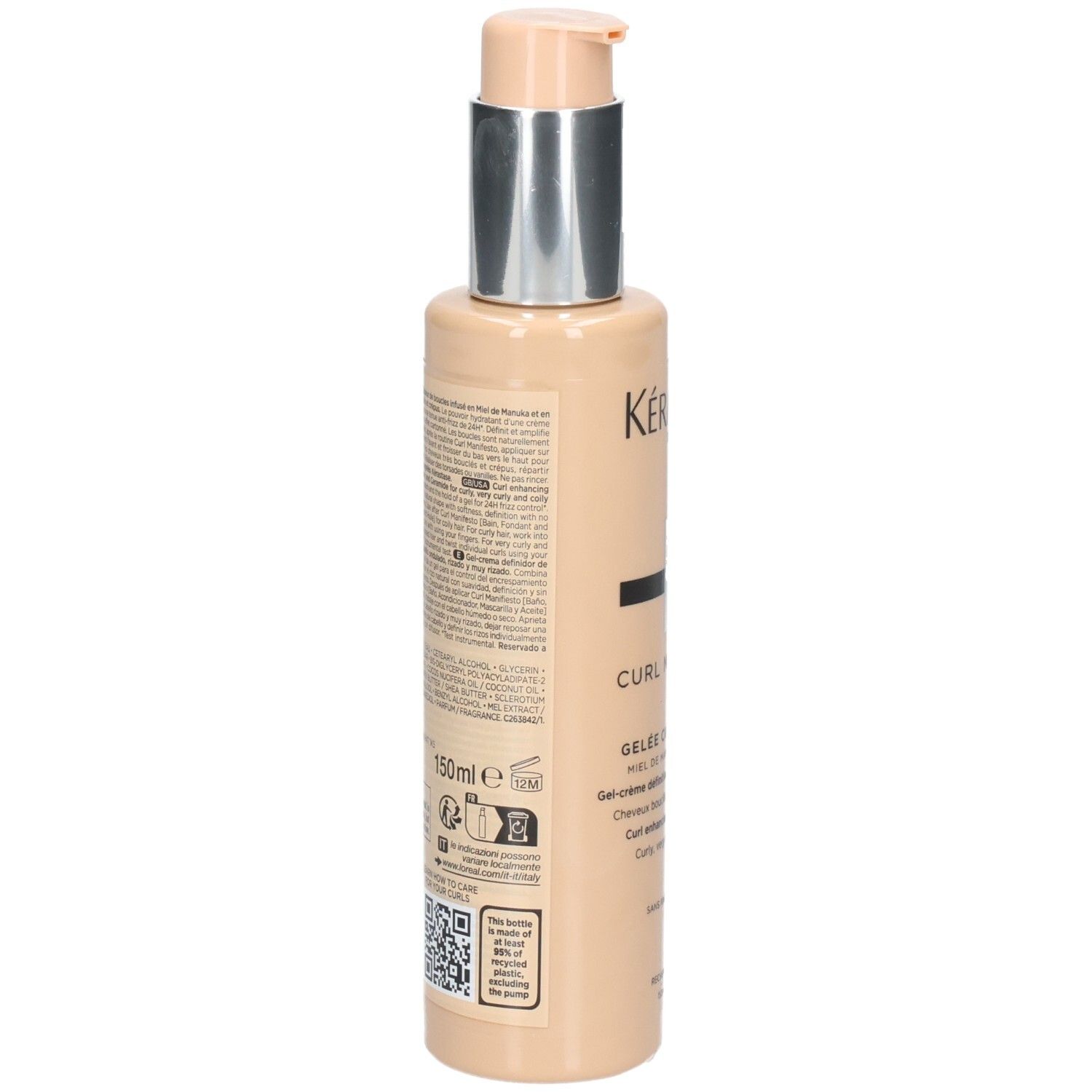 Rückseite der Kérastase Curl Manifesto Gelee Curl Contour Flasche mit Inhaltsstoffen und Volumenangabe 150ml.