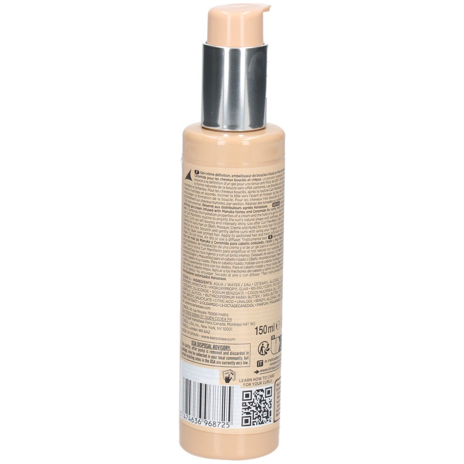 Rückseite der Kérastase Curl Manifesto Gelee Curl Contour Flasche mit Barcode und QR-Code, 150ml.