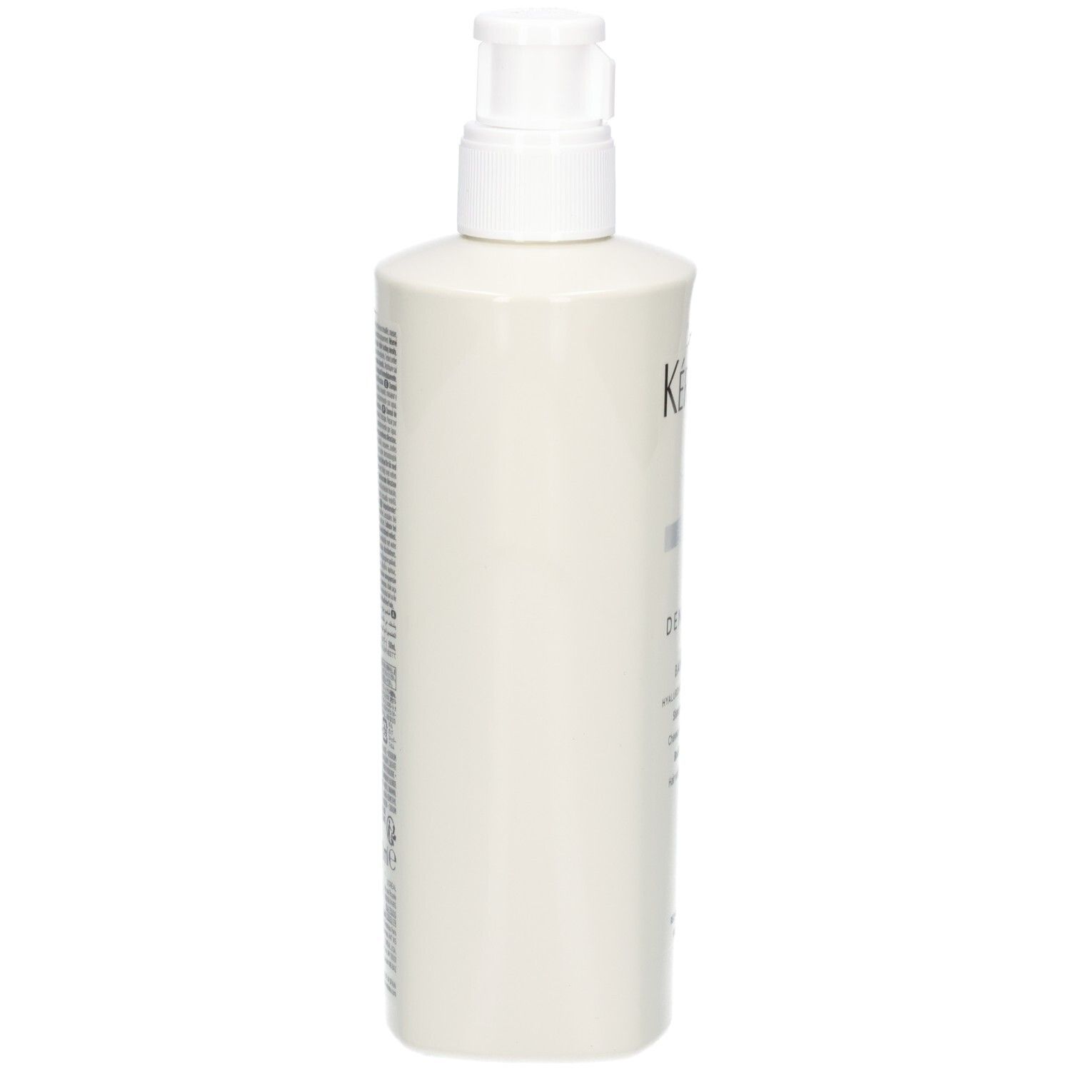 Seitenansicht der weißen Kérastase Bain Densité Flasche mit Pumpspender.